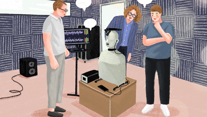 음향측정을 위한 무향실에서 HATS(Head & Torso Simulator)를 통해 액티브 노이즈 캔슬링(ANC, Active Noise Cancellation) 기술을 연구하고 있는 삼성전자 폴란드 연구소(Samsung R&D Institute Poland) 연구원들