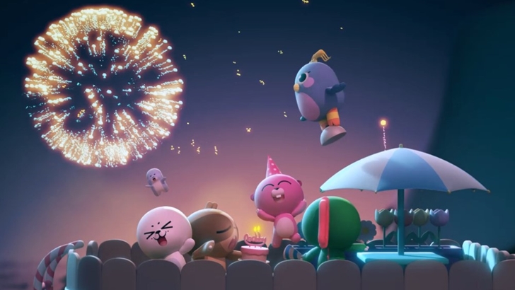 폭죽이 터지는 밤하늘을 배경으로 삼성 키즈 캐릭터 5명이 노는 모습