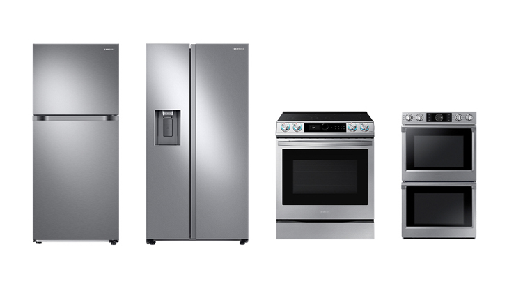 삼성전자 주방가전이 미국 시장조사기관 JD파워에서 발표한 생활가전 소비자 만족도 평가에서 4개 부문 1위에 올랐다. (왼쪽부터) 각 부문 1위를 차지한 상냉동ㆍ하냉장 냉장고, 양문형 냉장고, 레인지, 빌트인 오븐 제품 이미지