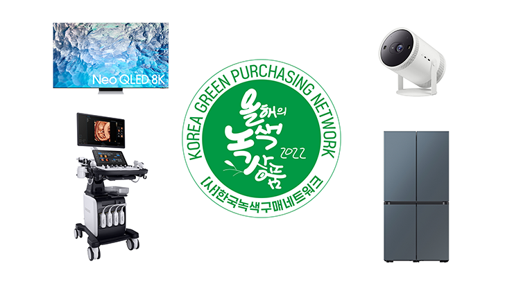 '2022 대한민국 올해의 녹색상품'에서 수상한 삼성전자 주요 제품들. 사진 윗줄 왼쪽부터 시계 방향으로 NEO QLED 8K, 더 프리스타일, 비스포크 냉장고, 비스포크 무풍에어컨 갤러리