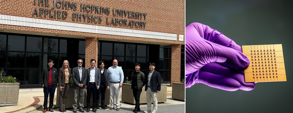 삼성전자와 존스홉킨스대의 공동 연구 진행 당시 촬영한 기념 사진(왼쪽)과 공동 개발한 고효율 박막 펠티어 소자(오른쪽)