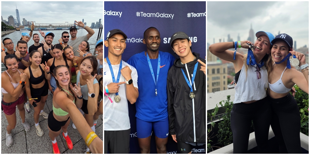 러닝 전 팀 단체 셀피를 찍고 있는 팀갤럭시 인플루언서들(좌측), 포토월에서 제이콥 키플리모(Jacob Kiplimo) 선수와 함께 기념사진을 촬영하는 팀갤럭시 인플루언서들(가운데), 완주 후 메달을 받고 기뻐하고 있는 팀갤럭시 인플루언서들(우측).