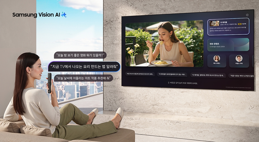 삼성전자 모델이 자연어 처리 기반의 향상된 빅스비가 적용된 '클릭 투 서치'를 통해 삼성 AI TV와 대화하듯이 다양한 정보를 얻고 있는 모습의 보도자료 사진