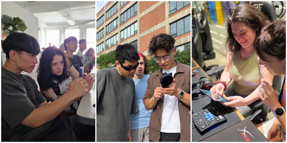 뉴욕 필름 스쿨 감독 지망생에게 갤럭시 Z 폴드7으로 촬영하는 팁을 알려주고 있는 팀갤럭시 @clementinem_ytb(좌측), 뉴욕 필름 스쿨 감독 지망생과 함께 갤럭시 Z 폴드7으로 촬영한 결과물을 살펴보고 있는 팀갤럭시 @keenanlam(가운데), 뉴욕 현지 게이머와 함께 갤럭시 Z 폴드7의 대화면으로 게임을 하는 팀갤럭시 @hammybanks(우측).