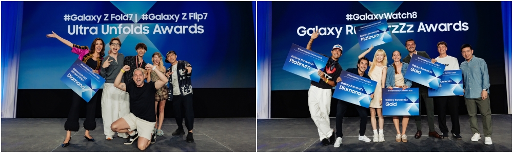 좌측은 갤럭시 Z 폴드7, Z 플립7 ‘Ultra Unfolds’ 콘텐츠 우수작 수상자들. 왼쪽 윗줄부터 @catriona_gray, @perrykuan, @uekan2b, @bilgesuisik, @drexlee, @granthinds. 우측은 갤럭시 워치8 ‘Galaxy RunnerzZz’ 콘텐츠 우수작 수상자들. 왼쪽부터 @joaoalmeidac, @andymtzurita, @mikkitygram, @kovirami_fit, @lutajuci_putnik, @kim.gottwald, 삼성전자 인플루언서마케팅그룹 문기욱 그룹장.
