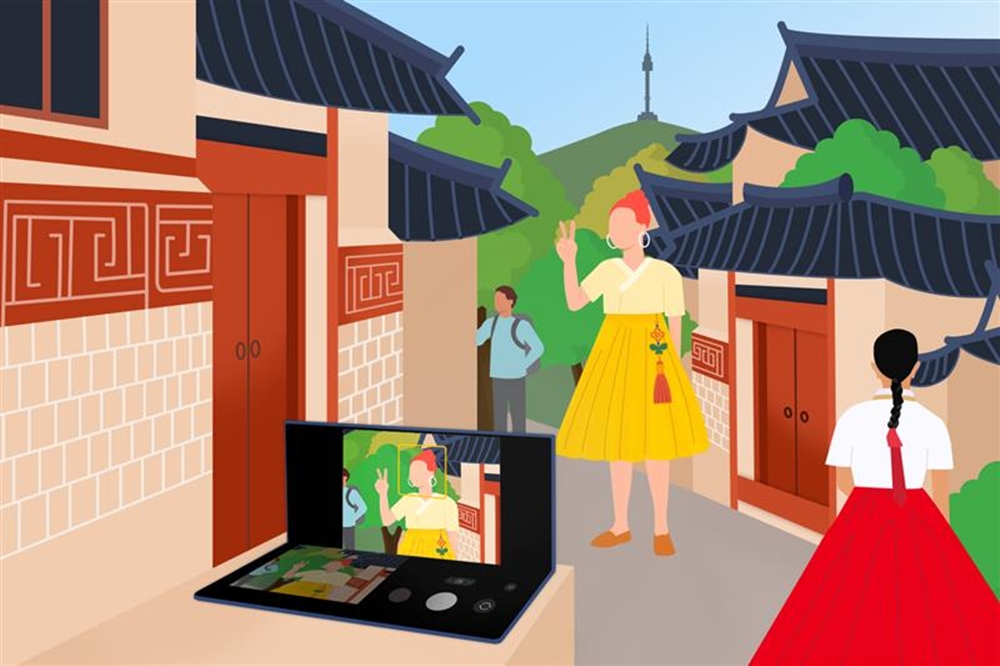 갤럭시 Z 폴드7로 여행 기록을 남기는 모습 일러스트