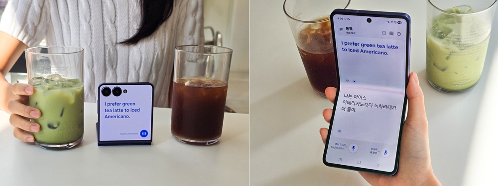 ▲ 듀얼 스크린을 활용해 ‘통역’ 기능으로 대화하고 있는 모습