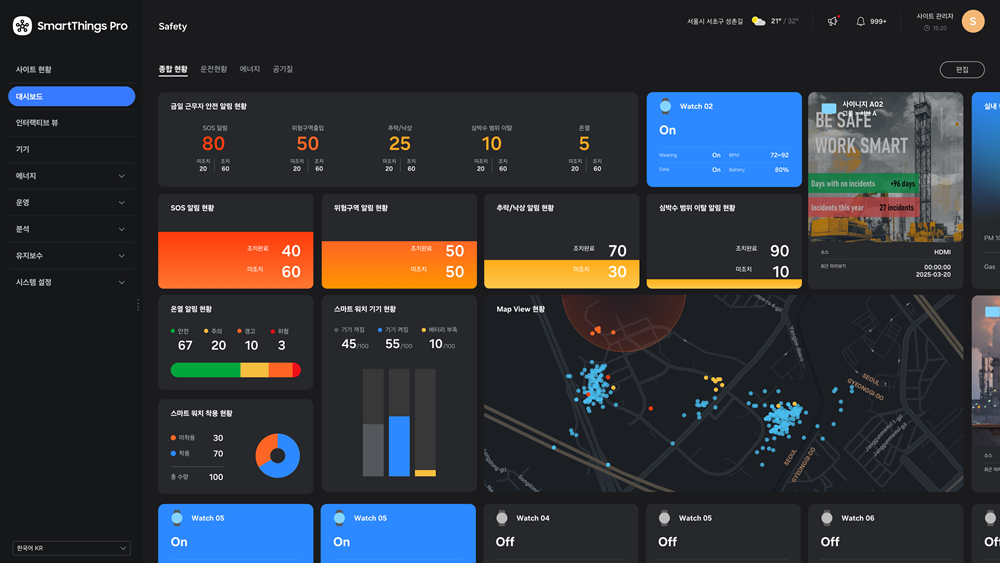 갤럭시 워치 기반 B2B 전용 솔루션 '스마트싱스 프로 안전관리 솔루션' 관리자용 대시보드 예시 화면