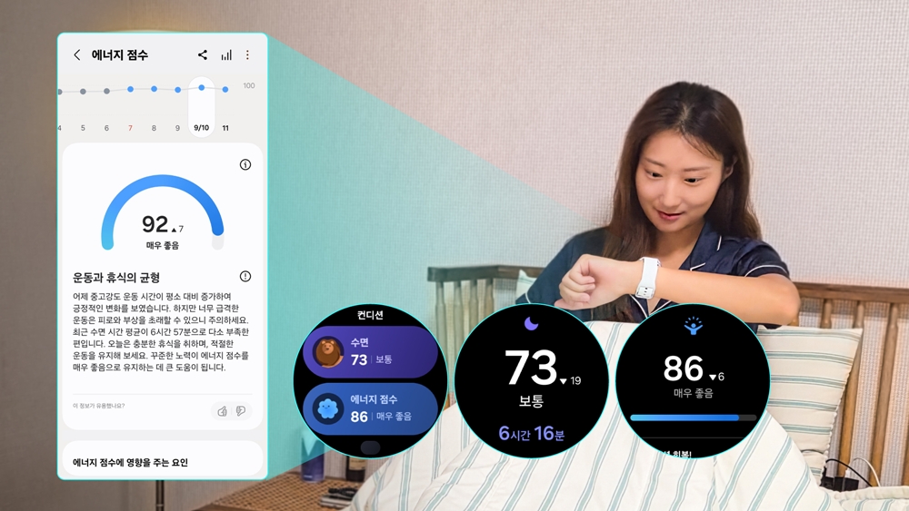▲ 운동 후 회복과 컨디션 관리에 용이한 삼성 헬스 앱과 갤럭시 워치8의 ‘에너지 점수’, ‘수면 점수’ 화면