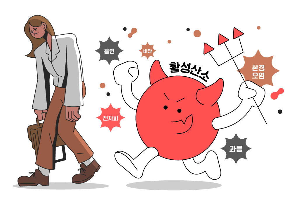 ▲ 활성산소는 신체 대사의 부산물로, 건강하지 않은 생활습관에 의해 과잉 생성되면 노화를 촉진하고 질병 발생의 위험을 높일 수 있다.