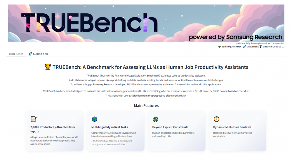 허깅페이스(Hugging Face)에 공개된 트루벤치(TRUEBench) 사이트 메인 화면