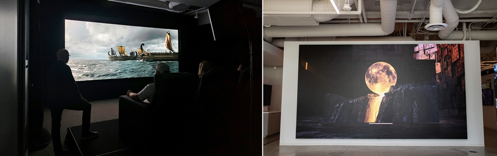 삼성전자 CEC어바인에 최근 설치된 오닉스 시네마 LED(왼쪽)와 버추얼 프로덕션용 더 월의 모습