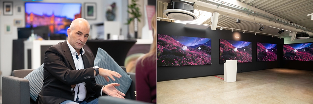 삼성전자 독일법인 디스플레이 담당 스티븐 폴록이 마이크로 LED 기술의 잠재력에 대해 이야기하고 있다. 프랑크푸르트 쇼룸에는 더 월이 픽셀 피치별로 (0.84mm부터 1.68mm까지) 한 눈에 살펴볼 수 있도록 전시되어 있어 고객이 차이를 직접 체감할 수 있다