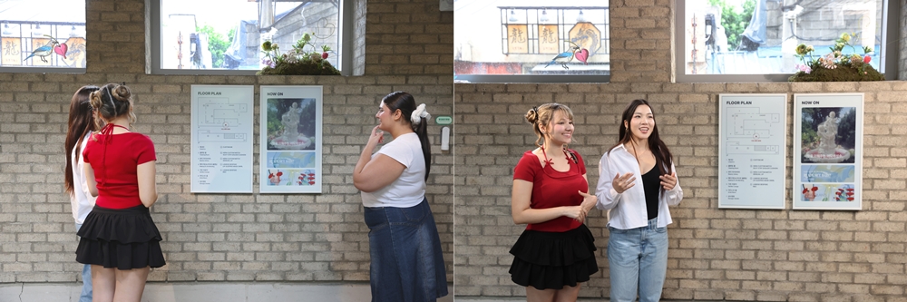 ▲(왼쪽 사진, 왼쪽부터) 아모레성수를 방문한 알레나 장(Alena Zhang), 헵시바 만시야 플라사(Hefziba Mancilla Plaza), 그리고 아비가엘 미할라케(Abigaël Mihalache)는 매장 인테리어에 자연스럽게 녹아드는 삼성 컬러 이페이퍼의 깔끔한 디자인과 자연스러운 디스플레이를 칭찬했다