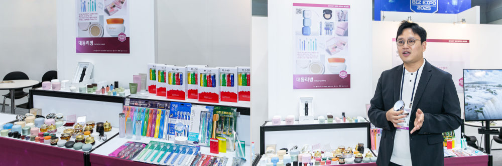 금형 공정 자동화를 통해 제작된 제품(왼쪽)과 공정 개선 과정을 설명하는 김민철 대표(오른쪽).