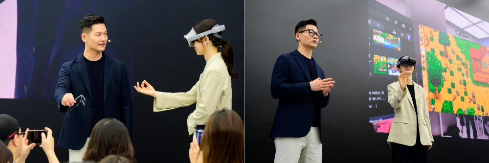 삼성전자 MX사업부 이승민 상무와 박유진 프로가 갤럭시 XR에 대해 소개하고 있는 모습.