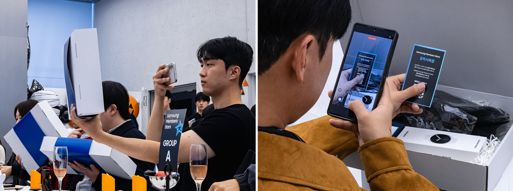 웰컴 키트 언박싱을 살펴보는 모습.