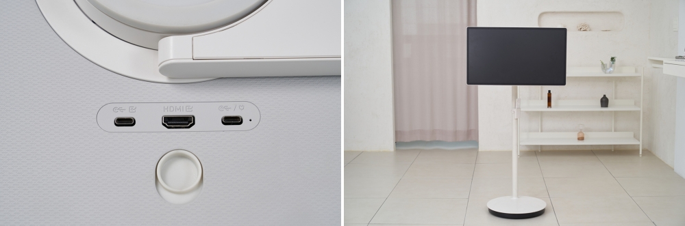 더 무빙스타일 후면에 배치된 포트 연결부와 탈착 버튼(왼쪽). 더 무빙스타일은 집 안 곳곳 어떤 공간과도 어울리는 인테리어 오브제 디자인을 지향한다.