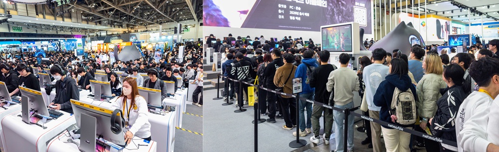 지스타 2025 관람객들이 삼성전자 오디세이 3D를 통해 무안경 3D 게이밍 체험(왼쪽)하기 위해 길게 줄을 서고 있다(오른쪽).