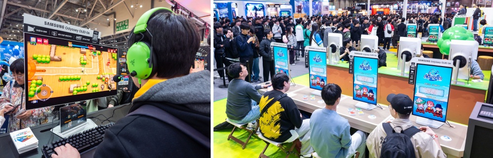 지스타 2025 구글플레이 부스에서 오디세이 OLED G6가 가로, 세로 형태로 다양한 게임 시연에 활용되며 게이밍 모니터의 압도적 화질은 물론, 다양한 활용성을 뽐냈다