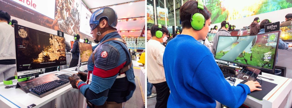 지스타 2025 넷마블 부스에는 오디세이 G5, G6 외에도 오디세이 3D, 스페이셜 사이니지 등 입체감을 극대화한 제품이 전시되어 이목을 끌었다. 사진은 관람객들이 오디세이 OLED G8로 ‘이블베인’(왼쪽), G5로 ‘일곱 개의 대죄: Origin’을 즐기는 모습