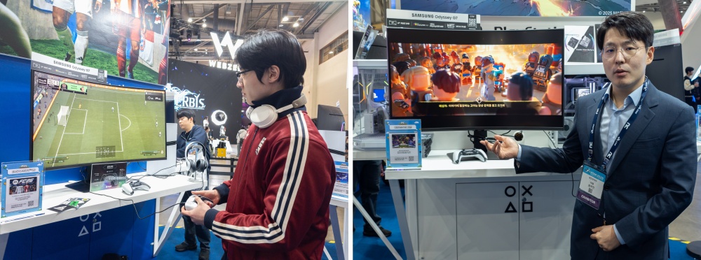 지스타 2025 PlayShop 부스에서 FC26 게임을 즐기는 관람객(왼쪽)과 37형 대화면 오디세이 G7 채택 배경을 설명하는 오진상사 승우진 대표

