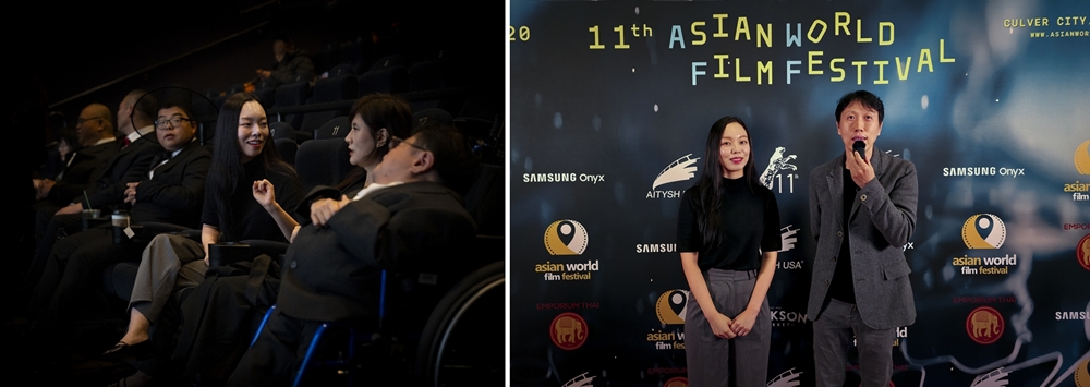 변승채 감독(왼쪽)과 한경우 감독이 아시아 월드 필름 페스티벌 내 오닉스 상영관에서 관객들과 함께하고 있다.