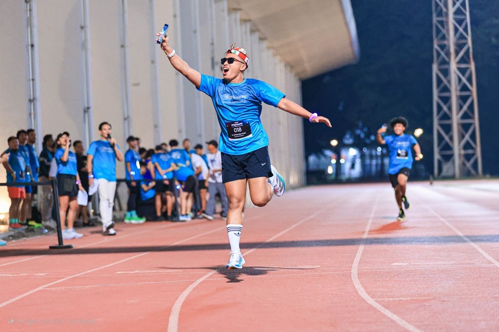 삼성전자 인도네시아 자카르타에서 열린 바통 대신 갤럭시 S25 FE 주고 받는 야간 이어달리기 NightstaFEt 행사에 참여한 러너가 달리면서 제품으로 콘텐츠를 촬영하고 있는 사진.