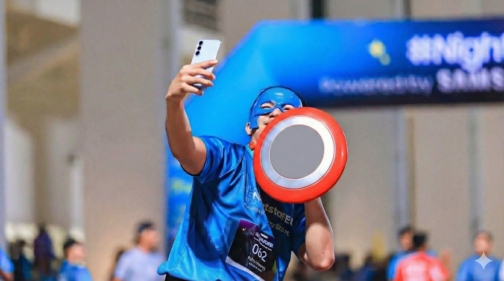 삼성전자 인도네시아 자카르타에서 열린 바통 대신 갤럭시 S25 FE 주고 받는 야간 이어달리기 NightstaFEt 행사에 참여한 러너가 달리면서 제품으로 콘텐츠를 촬영하고 있는 사진 2.