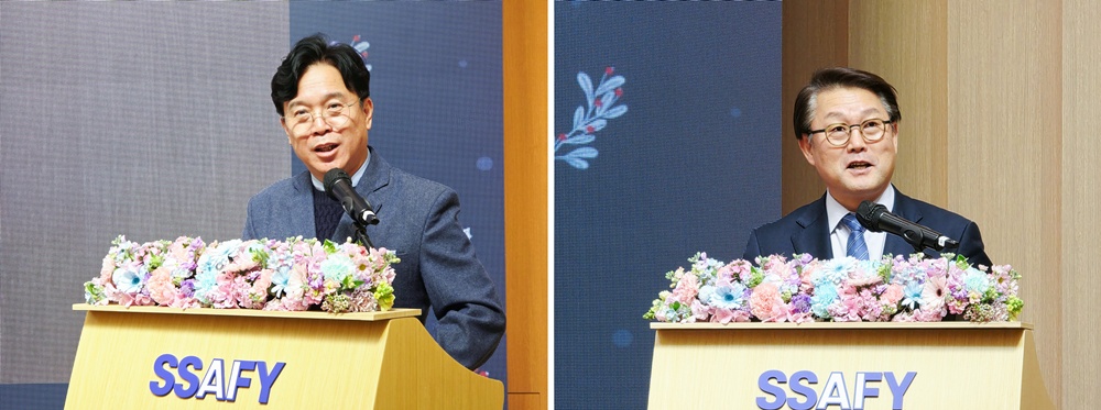 (좌)고용노동부 김영훈 장관과 (우)삼성전자 박승희 CR담당 사장이 축사를 전하고 있다.