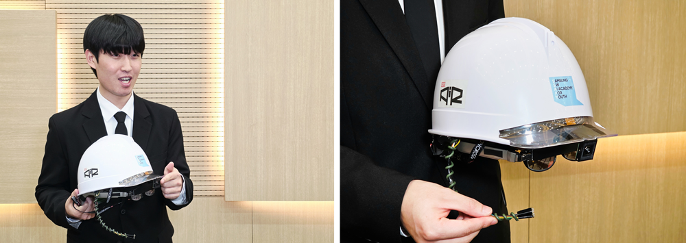 (좌)최선우 수료생이 산업현장을 위한 헬멧을 개발하게 된 배경을 설명하고 있다. (우)AI·AR 스마트 헬멧 ‘온에어(onAiR)’.