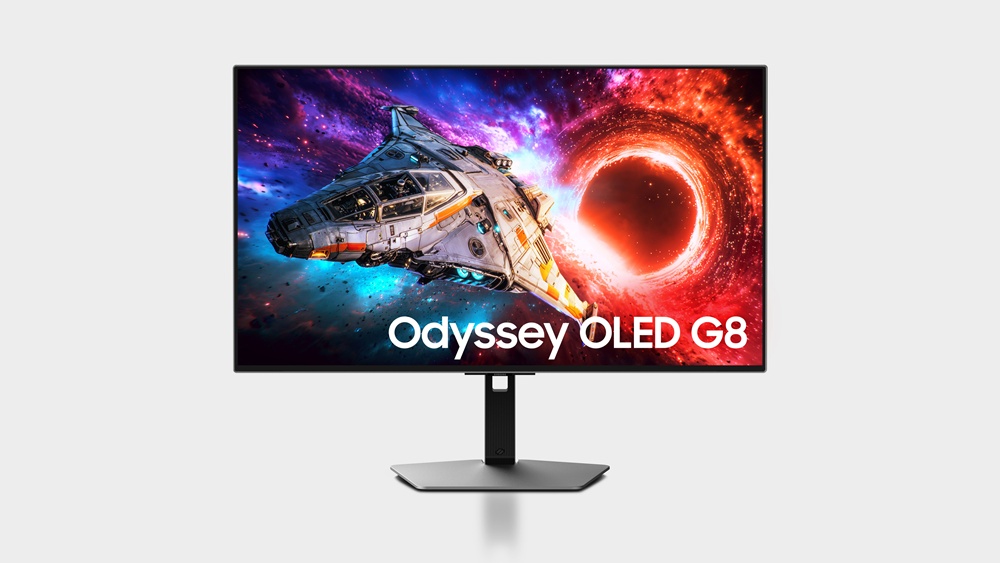 240Hz 주사율과 300니트 밝기의 QD OLED 모니터 32형 '오디세이 OLED G8(G80SH)' 제품 이미지.