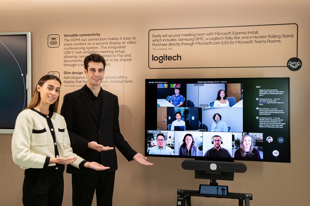 삼성전자 4K 스마트 사이니지 QBC 라인업과 로지텍의 화상회의 시스템 마이크로소프트 팀즈 룸(Microsoft Teams Rooms) 솔루션.