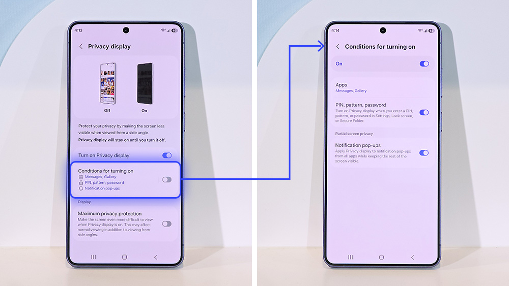 사용자가 프라이버시 보호 수준을 선택할 수 있다. 핀(PIN) 번호, 패턴, 패스워드 등을 입력할 때나 부분적으로 알림 팝업에만 적용할 수도 있다.