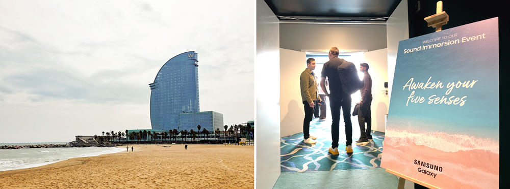 삼성전자 ‘사운드 이머전’ 행사가 열린 스페인 바르셀로나 W호텔(좌)과 행사 공간 입구(우).