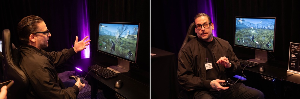 로그 팩터의 크리에이티브 디렉터 조나단 자크-벨레테(Jonathan Jacques-Belletête)가 오디세이 3D로 '헬 이즈 어스'를 체험하고 있다.