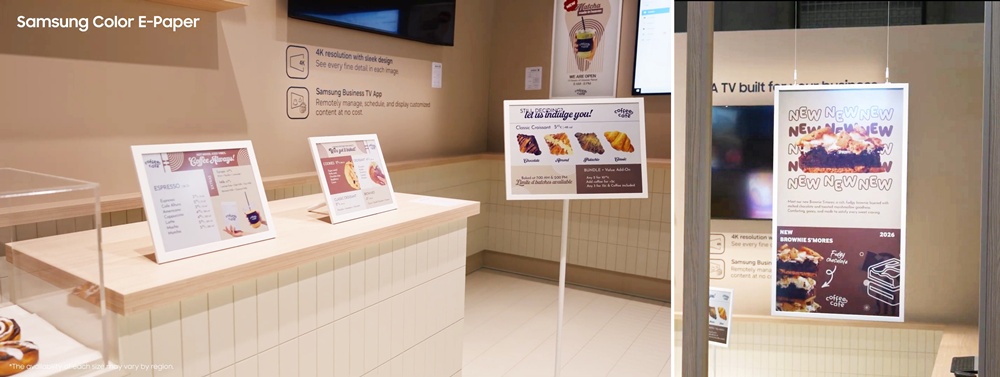 삼성 컬러 이페이퍼는 벽걸이, 천장걸이, 이동식 스탠드 등 매장 환경에 맞춰 유연하게 설치할 수 있다.