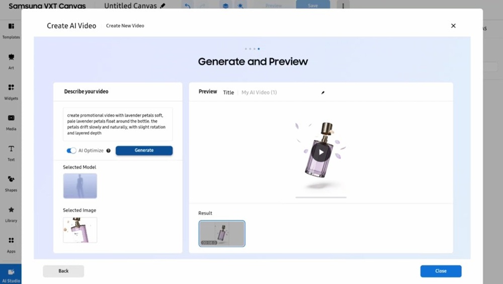 삼성 VXT의 ‘AI 스튜디오’ 앱을 통해 이미지와 프롬프트만으로 사이니지용 영상 콘텐츠를 제작할 수 있다.