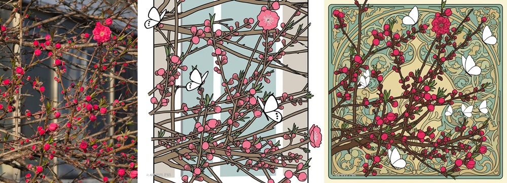 '갤럭시 S26 시리즈'의 '크리에이티브 스튜디오'를 활용해 다양한 스타일로 완성한 봄꽃 이미지 (좌측부터 순서대로 촬영 원본 – 웹툰 – 아르 누보 버전).