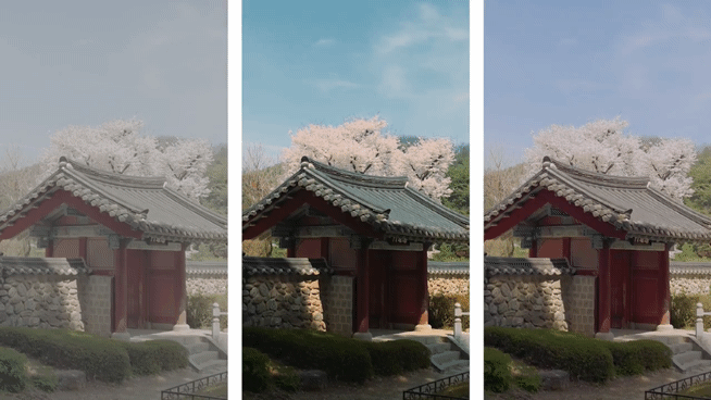 '갤럭시 S26 시리즈'의 'LOG 촬영 모드'로 촬영 후 'LUT 필터'를 적용한 영상 (좌측부터 순서대로 촬영 원본 – 블록버스터 – 하이틴 드라마 필터 적용).