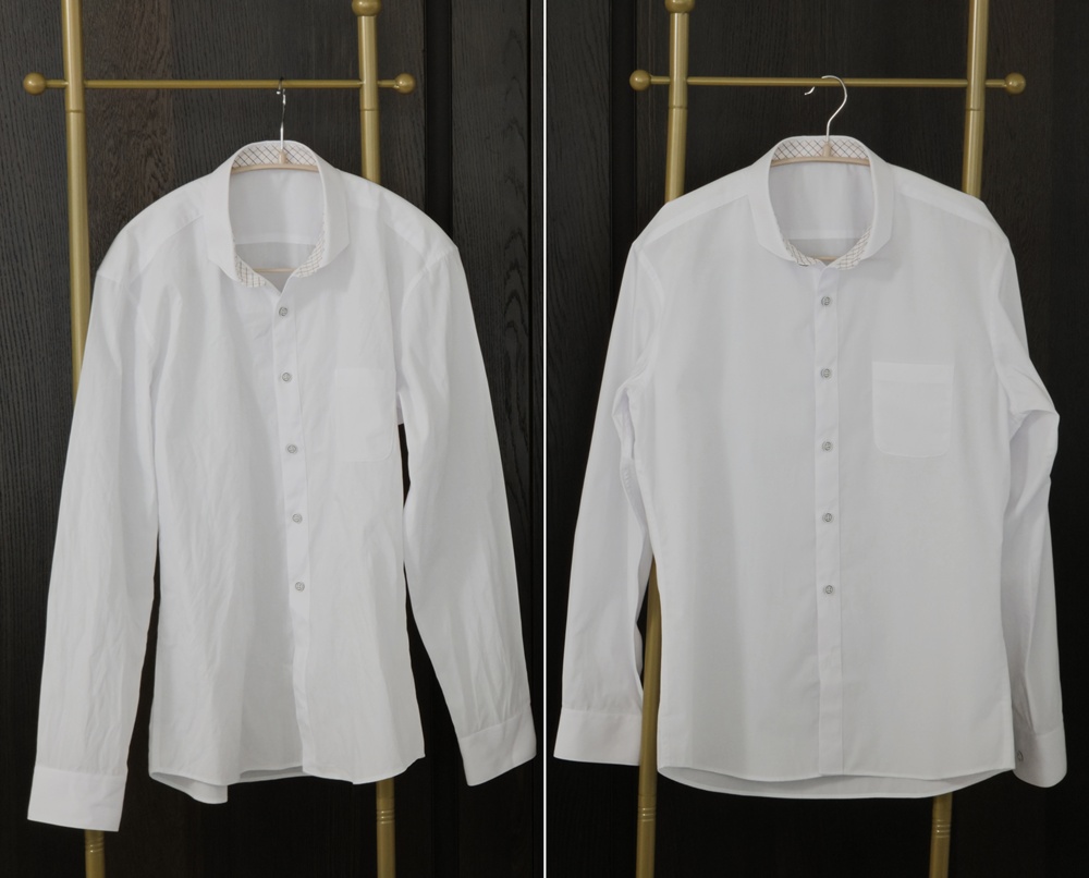 구겨진 셔츠가 주름집중케어 코스를 거친 뒤 매끈하게 펴진 모습.