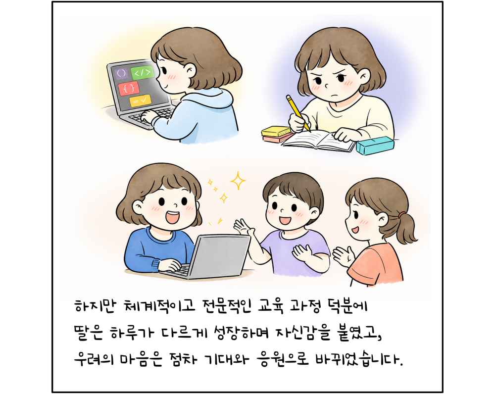 하지만 체계적이고 전문적인 교육 과정 덕분에 딸은 하루가 다르게 성장하며 자신감을 붙였고, 우려의 마음은 점차 기대와 응원으로 바뀌었습니다.