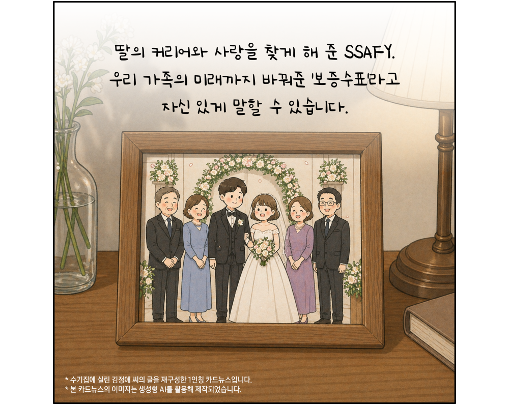 딸의 커리어와 사랑을 찾게 해 준 SSAFY. 우리 가족의 미래까지 바꿔준 '보증수표'라고 자신 있게 말할 수 있습니다.

*수기집에 실린 김정애 씨의 글을 재구성한 1인칭 카드뉴스입니다.
* 본 카드뉴스의 이미지는 생성형 AI를 활용해 제작되었습니다.
