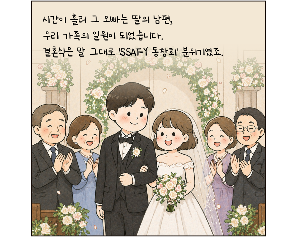 시간이 흘러 그 오빠는 딸의 남편, 우리 가족의 일원이 되었습니다. 결혼식은 말 그대로 'SSAFY 동창회' 분위기였죠.