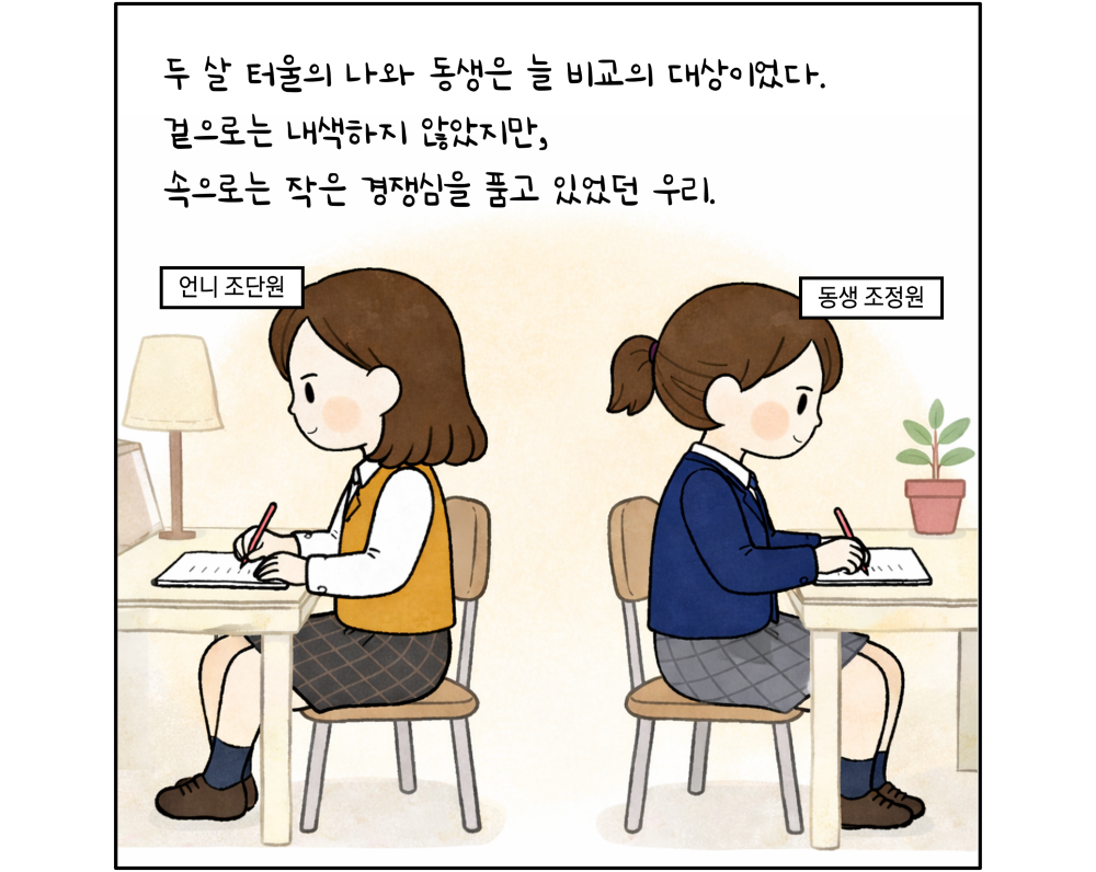 두 살 터울의 나와 동생은 늘 비교의 대상이었다. 겉으로는 내색하지 않았지만, 속으로는 작은 경쟁심을 품고 있었던 우리.