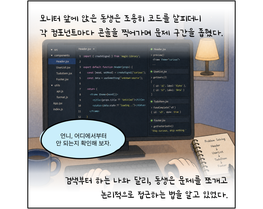 모니터 앞에 앉은 동생은 조용히 코드를 살피더니 각 컴포넌트마다 콘솔을 찍어가며 문제 구간을 좁혔다. 검색부터 하는 나와 달리, 동생은 문제를 쪼개고 논리적으로 접근하는 법을 알고 있었다.