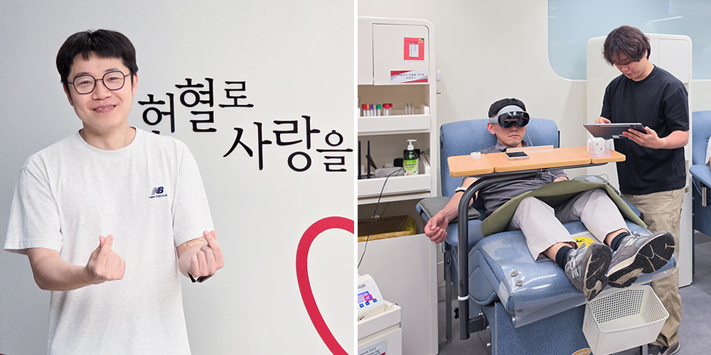 헌혈 캠페인에 참여한 삼성전자 네트워크사업부 박근우 프로(왼쪽), 삼성전자 영상디스플레이사업부 김강수 프로(오른쪽)