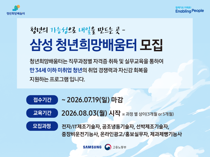 청년의 가능성으로 내일을 만드는 곳- 삼성 청년희망배움터 모집. 청년희망배움터는 직무과정별 자격증 취득 및 실무교육을 통하여 만 34세 이하 미취업 청년의 취업 경쟁력과 자신감 회복을 지원하는 프로그램 입니다. 접수기간 ~2026.07.19(일) 마감. 교육기간 2026.08.03(월) 시작 ※과정 별 상이(3개월or5개월) 모집과정 전자/IT제조기술자, 공조냉동기술자, 선박제조기술자, 중장비운전기능사, 온라인광고/홍보실무자, 제과제빵기능사.