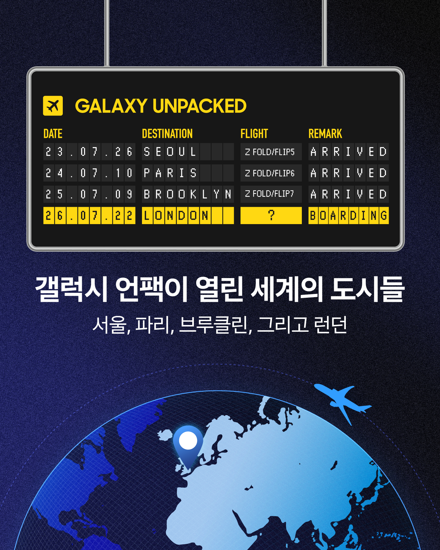 항공 출발 보드를 콘셉트로 한 갤럭시 언팩 카드뉴스 표지. 2023년 서울, 2024년 파리, 2025년 브루클린 언팩이 도착 완료로 표시되고, 2026년 런던 언팩은 탑승 예정으로 표현됐다. 하단에는 지구와 비행기 그래픽, ‘갤럭시 언팩이 열린 세계의 도시들: 서울, 파리, 브루클린, 그리고 런던’ 문구가 배치돼 있다.