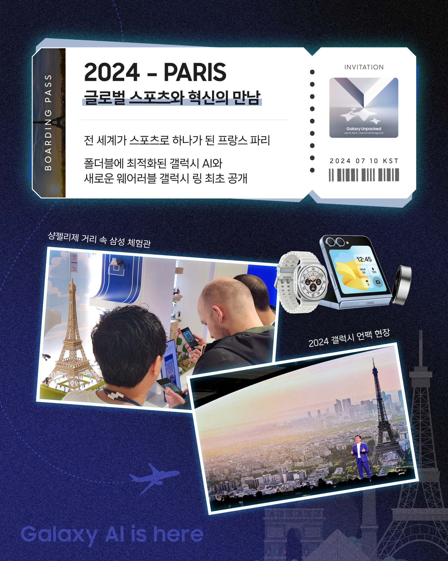 보딩패스 디자인으로 2024년 파리 갤럭시 언팩을 소개하는 장표. ‘글로벌 스포츠와 혁신의 만남’이라는 제목 아래, 전 세계가 스포츠로 하나가 된 프랑스 파리에서 폴더블에 최적화된 갤럭시 AI와 새로운 웨어러블 갤럭시 링이 최초 공개됐다는 내용이 담겨 있다. 하단에는 샹젤리제 거리의 삼성 체험관, 에펠탑을 배경으로 한 언팩 현장, 갤럭시 제품 이미지가 배치돼 있다.